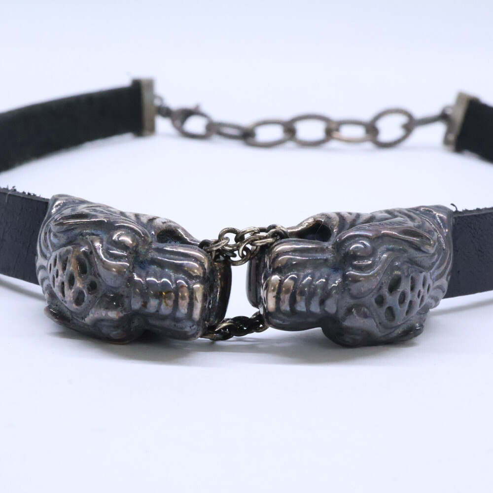 GUCCI Ag925 Double Tiger Head Leather Choker, Black, Women's - Picture 4 of 9